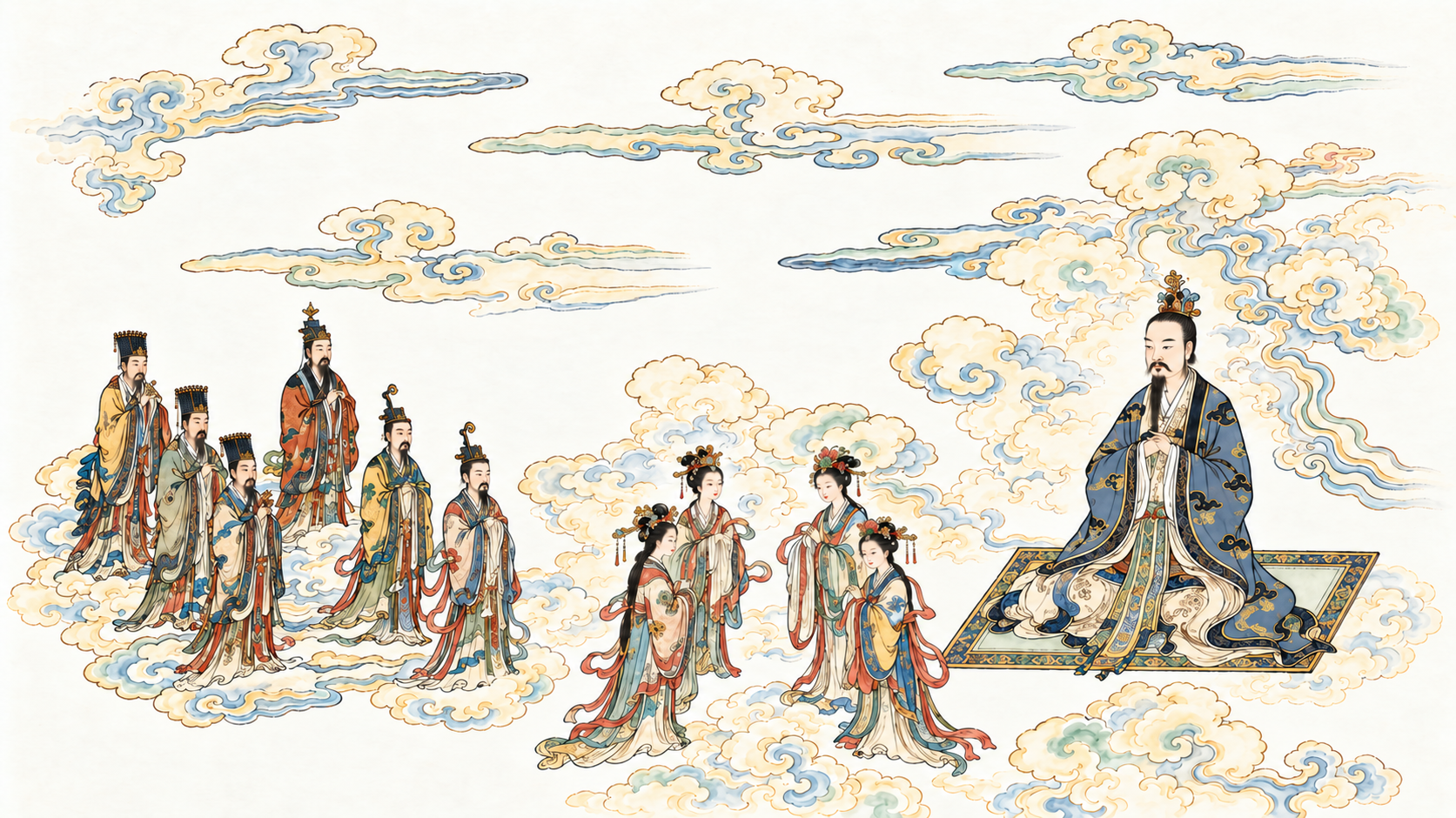 Clouds and figures in Taoist-inspired artwork